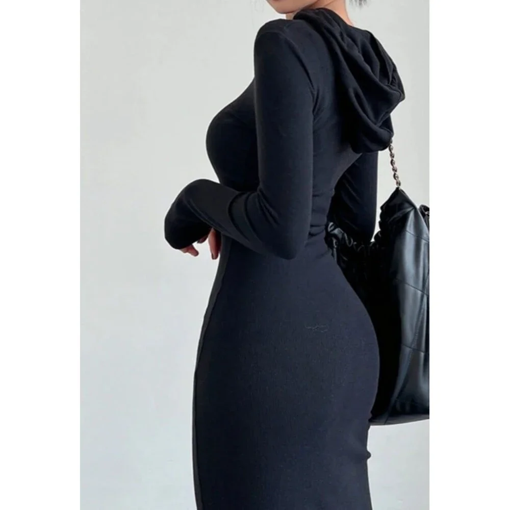 Commense NWT Women Black Drop Shoulder Drawstring Hooded Dress Loungewear Chic - Picture 4 of 12